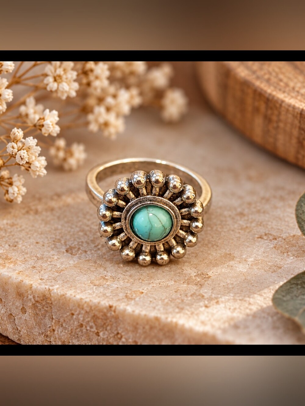 Boho Turquoise Silver Statement Ring Size 6.5